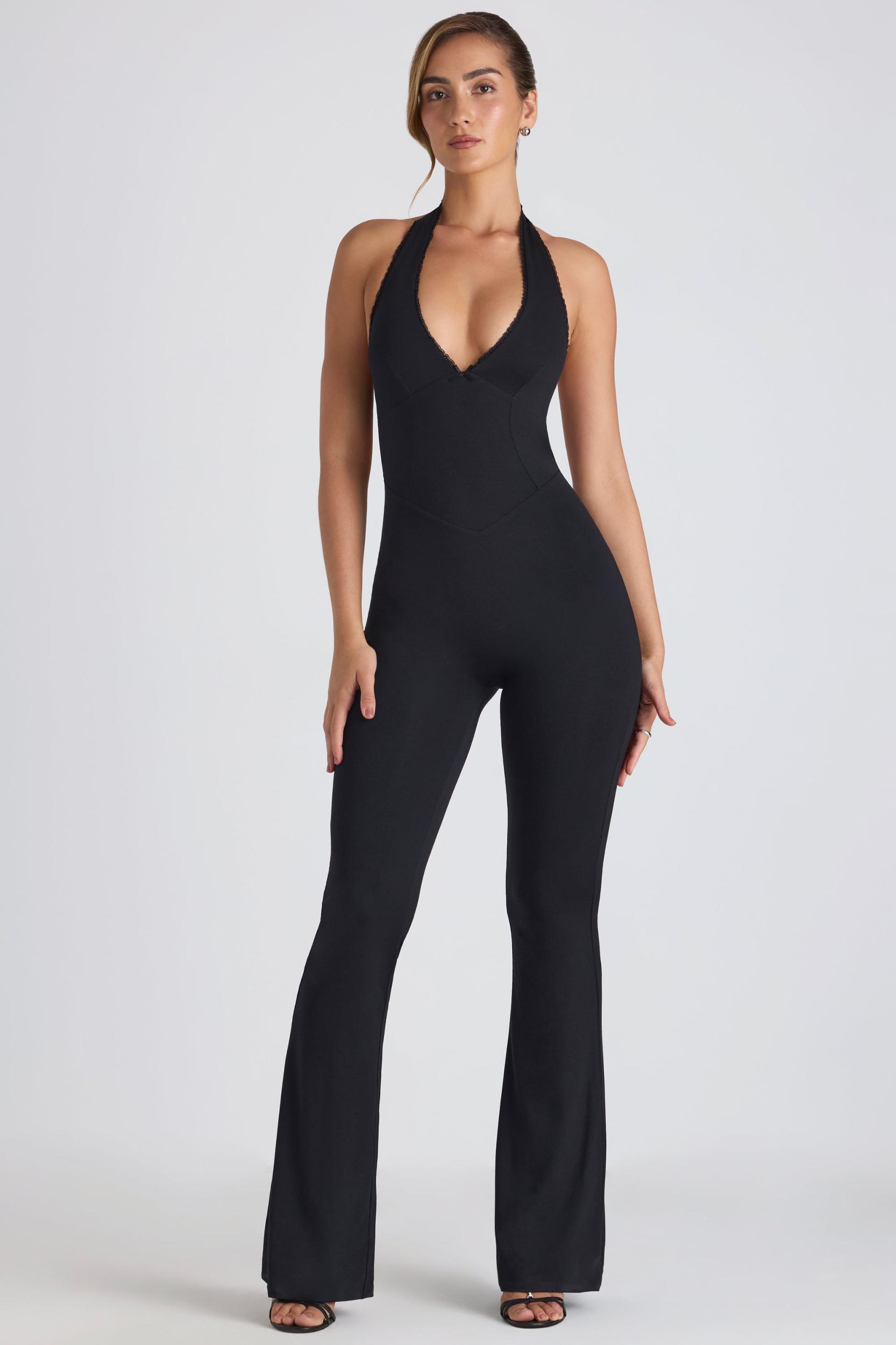 Modal Lace-Trim Cut-Out Flared Jumpsuit in Black Product Image