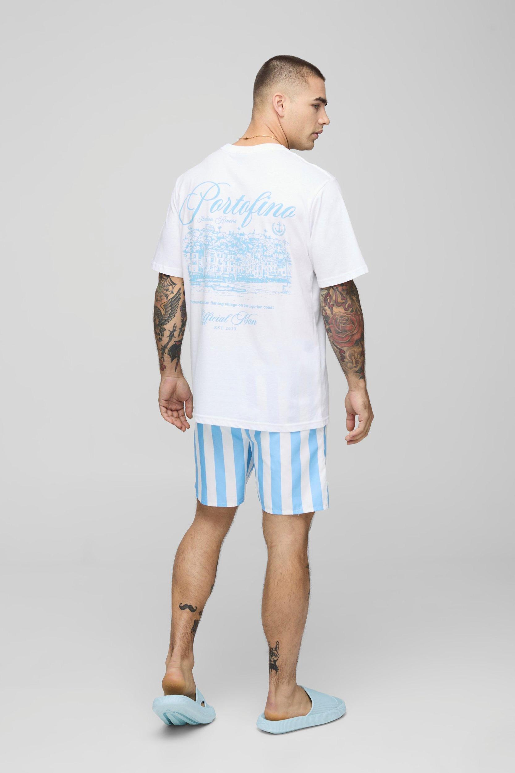 Wide Stripe Print Mid Length Swim Trunks | boohooMAN USA Product Image