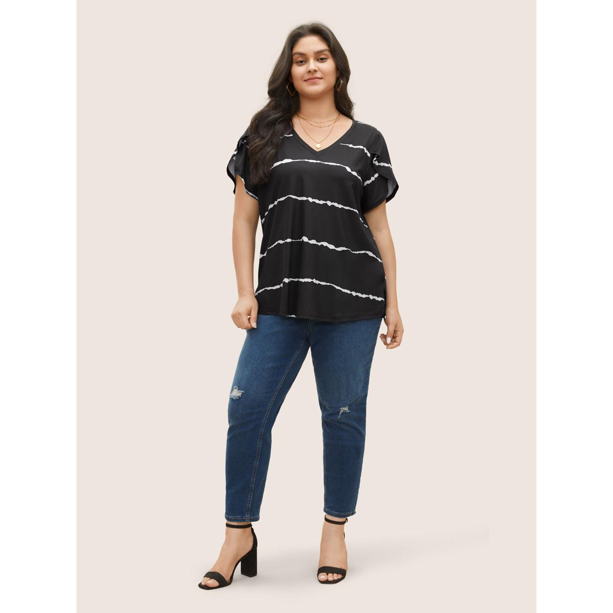 Plus Size Striped Contrast Petal Sleeve T-shirt Black Women Elegant Striped Everyday T-shirts BloomChic 22-24/3X Product Image