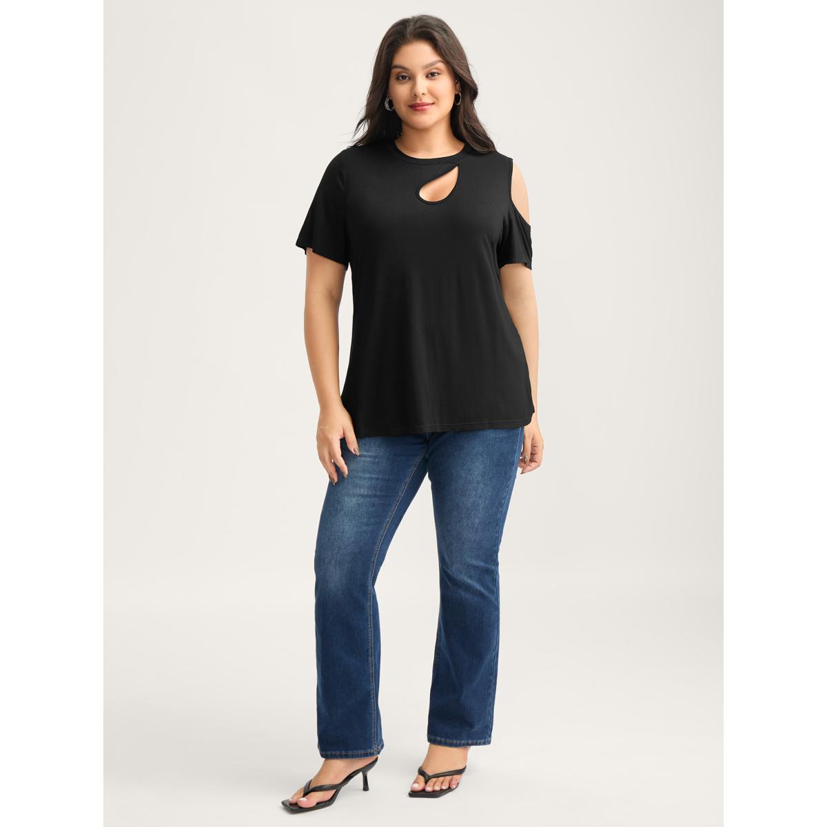 Plus Size Supersoft Solid Cut-Out Shoulder T-Shirt Black Women Timeless Cut-Out Round Neck Elegant T-shirts BloomChic 18-20/2X Product Image