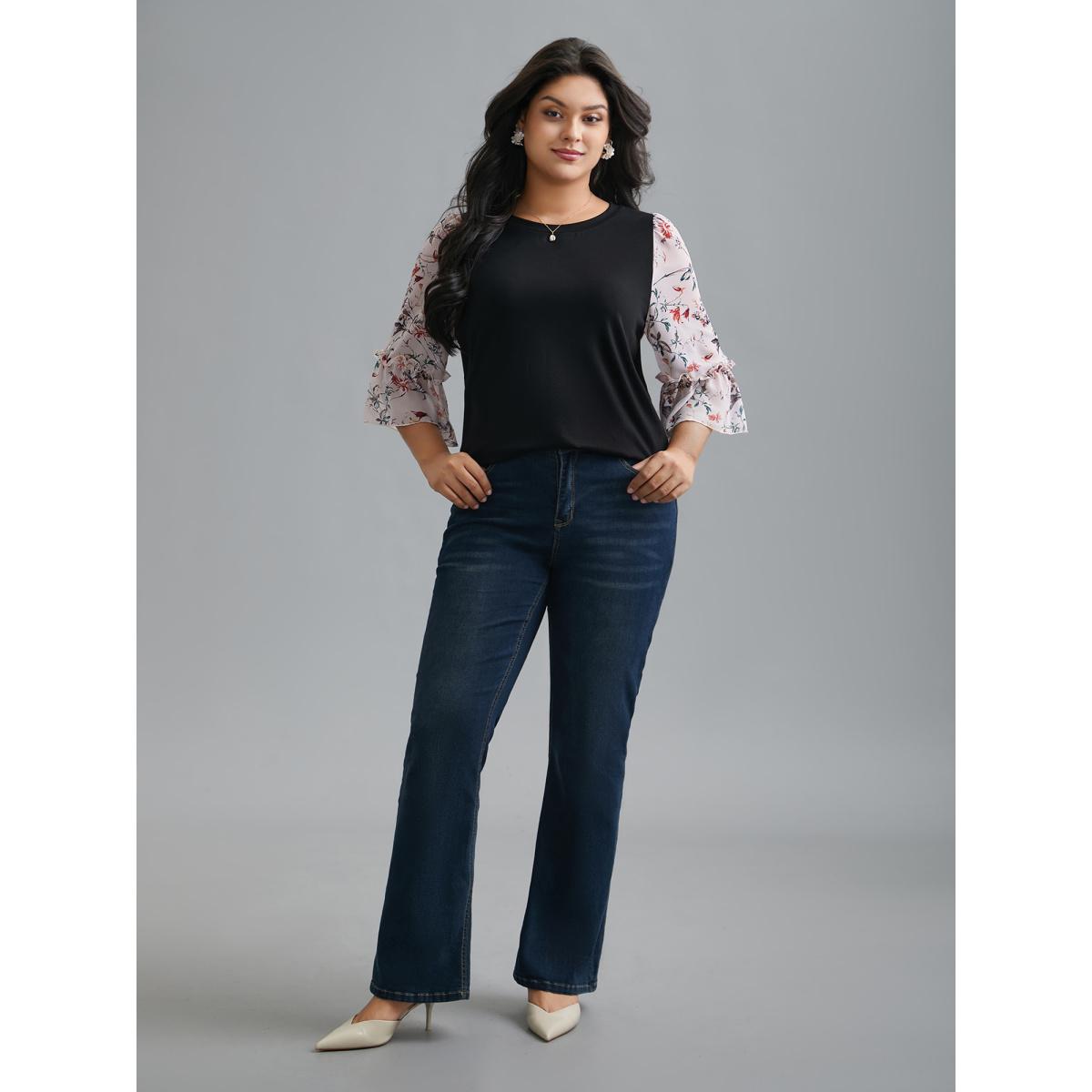 Plus Size Floral Print Patchwork Ruffle Sleeve T-Shirt Black Women Elegant Contrast Round Neck Everyday T-shirts BloomChic 14-16/1X Product Image