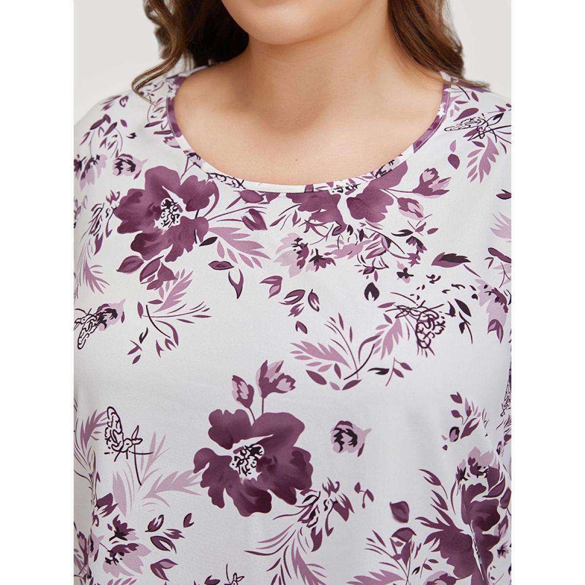 Plus Size Multicolor Floral Print Bell Sleeve Crew Neck Blouse Women Elegant Elbow-length sleeve Round Neck Dailywear Blouses BloomChic 10/M Product Image