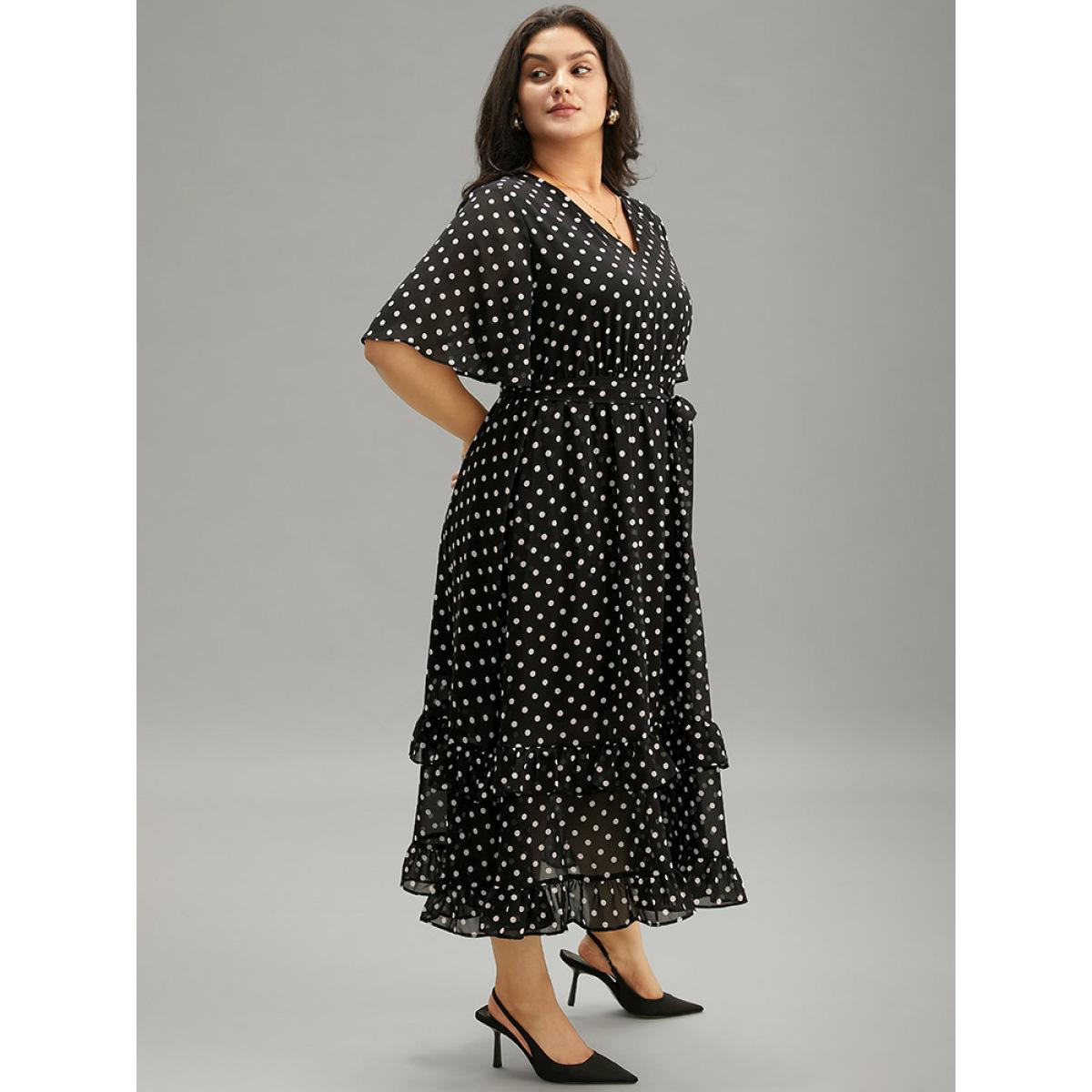 Plus Size Polka Dot Ruffles Pocket V Neck Mesh Belted Dress Black Women Elegant Lined V-neck Short sleeve Curvy Midi Dress BloomChic 12/L Product Image