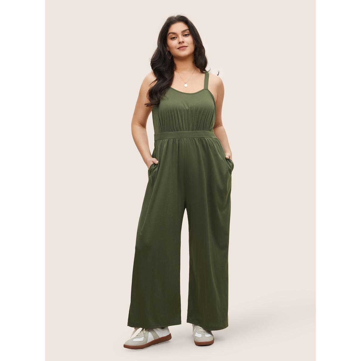 Plus Size ArmyGreen Supersoft Essentials Shirred Pocket Cami Jumpsuit Women Casual Sleeveless Non Everyday Loose Jumpsuits BloomChic 18-20/2X Product Image