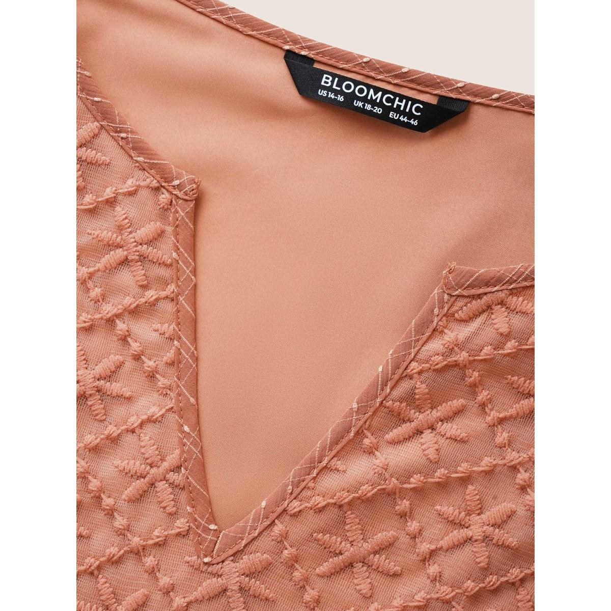 Plus Size Coral Solid Notched Lace Panel Bell Sleeve Blouse Women Resort Elbow-length sleeve Flat collar with V-notch Vacation Blouses BloomChic 26/4X Product Image