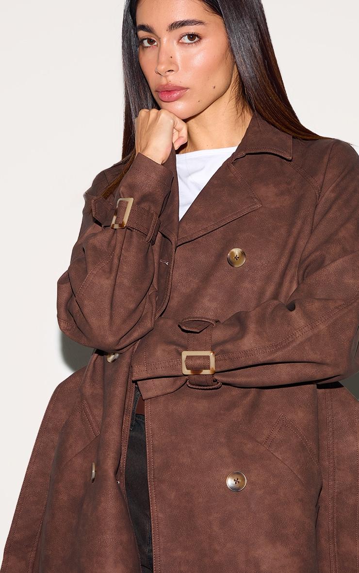 Chocolate Textured Faux Leather Trench Coat Product Image