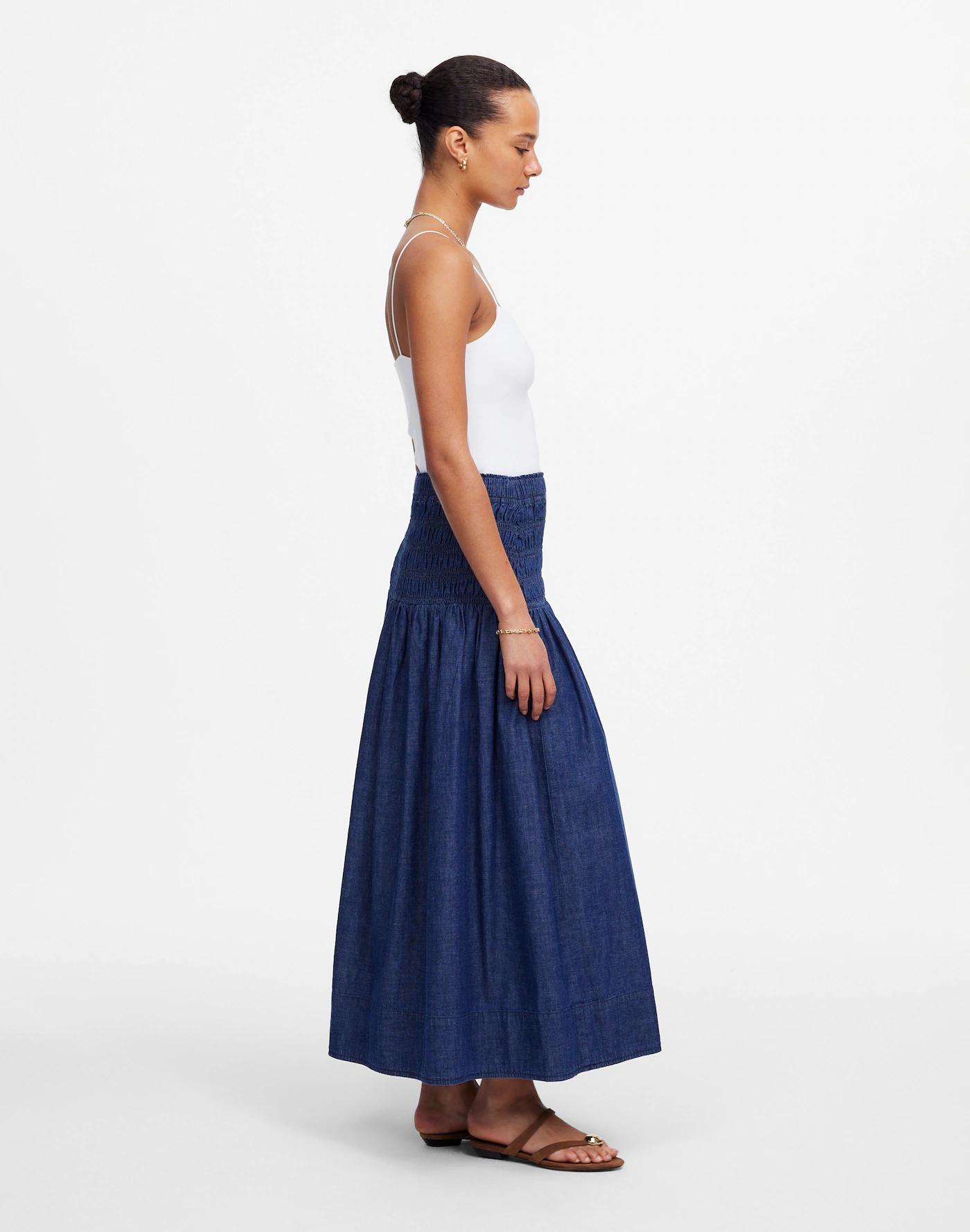 Smocked-Waist Denim Midi Skirt Product Image