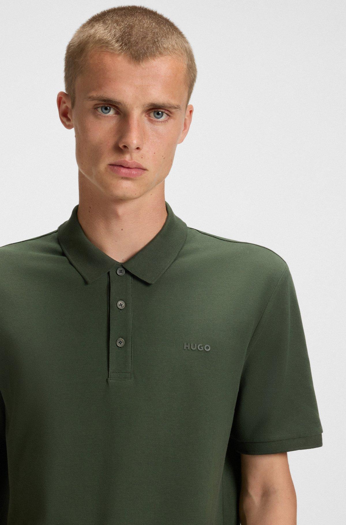 HUGO - Cotton-piqué polo shirt with all-over print - Dark Green Product Image