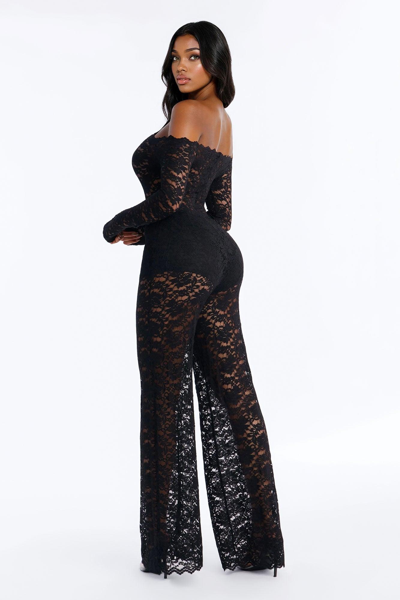 All Things Lace Off Shoulder Wide Leg Jumpsuit - Black Female Product Image