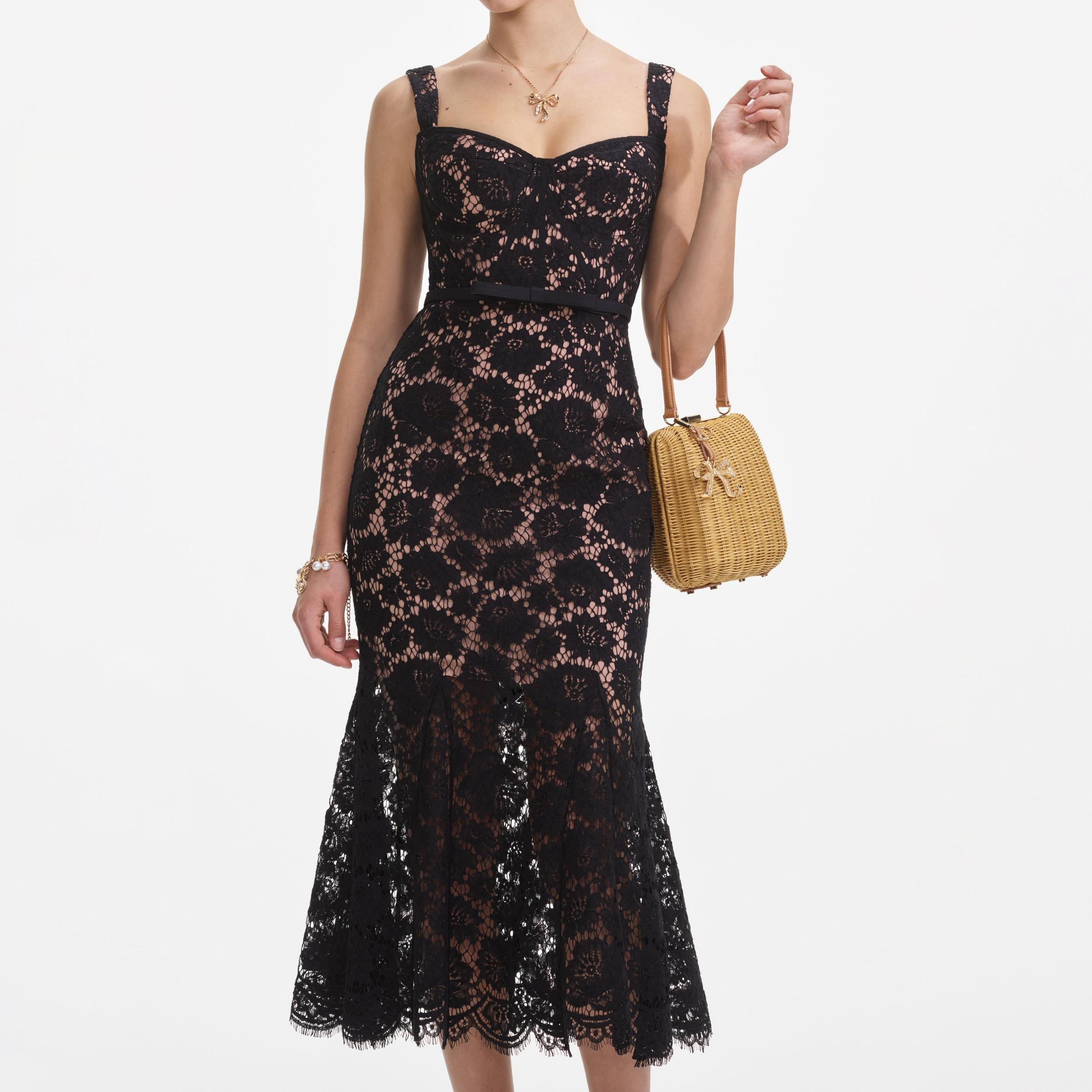 Black Fine Lace Midi Dress Product Image