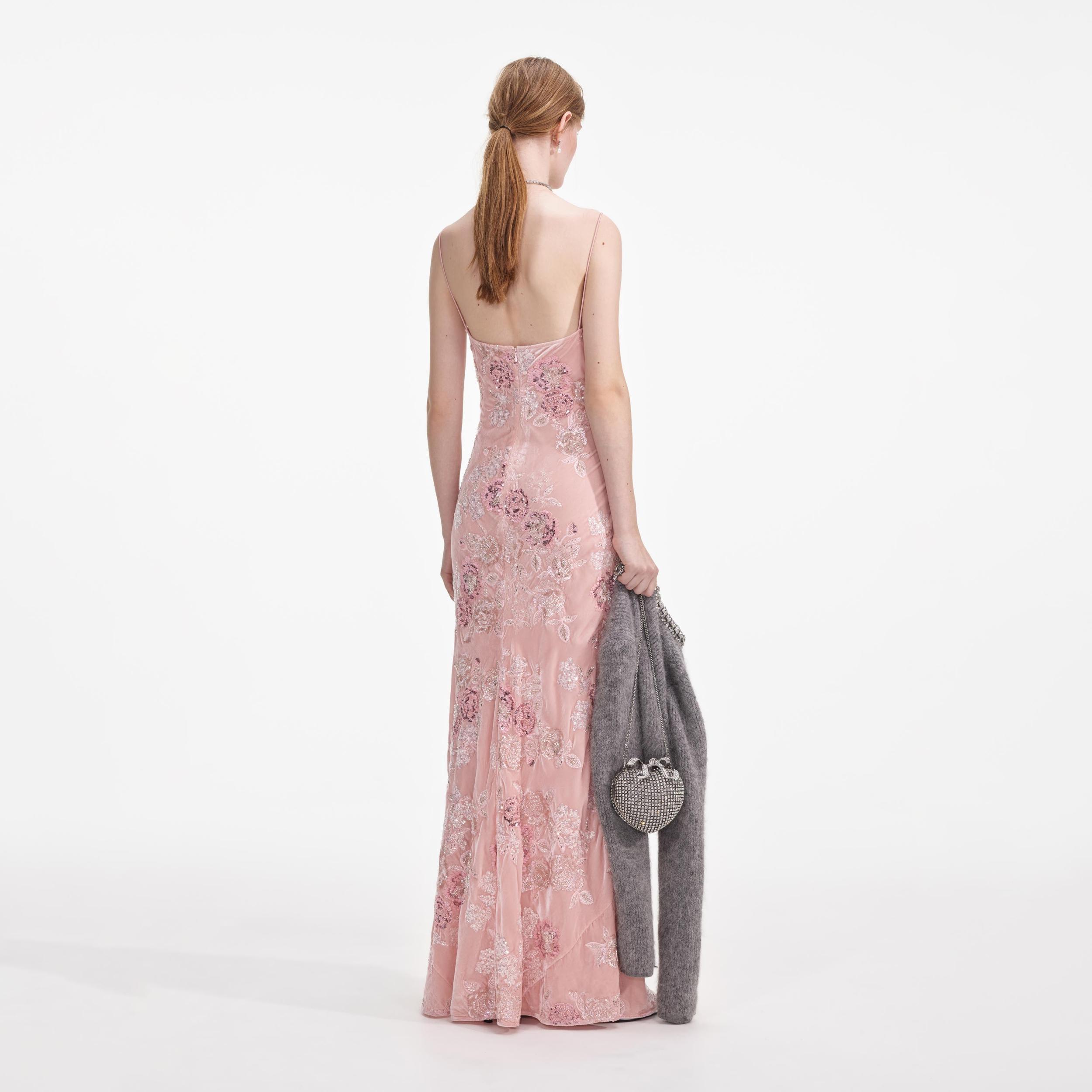 Pink Embellished Velvet Maxi Dress Product Image