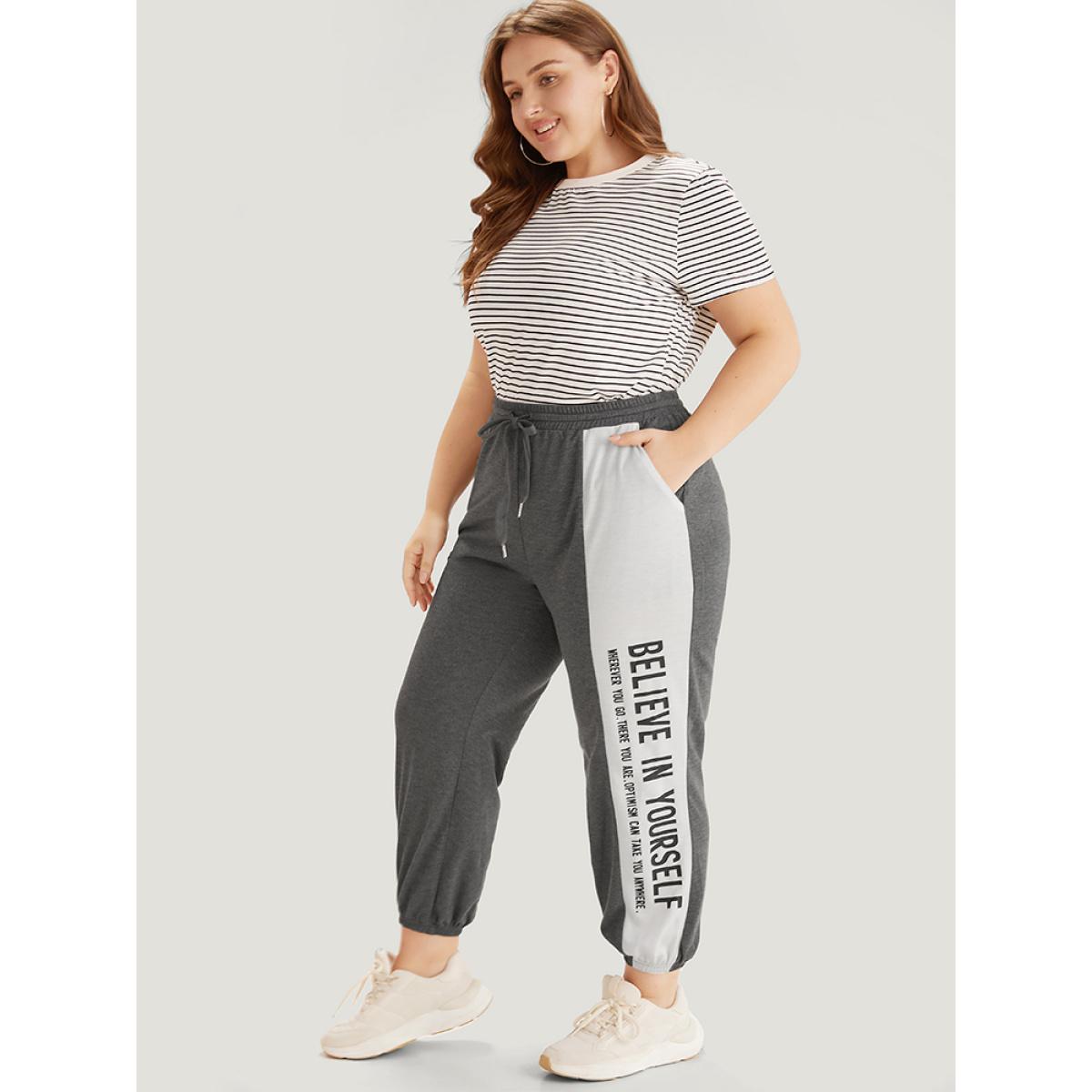 Letter Print Bowknot Contrast Patchwork Pocket Sweatpants Gray Plus Size Women Casual Everyday Contrast 12/L Bloomchic Product Image