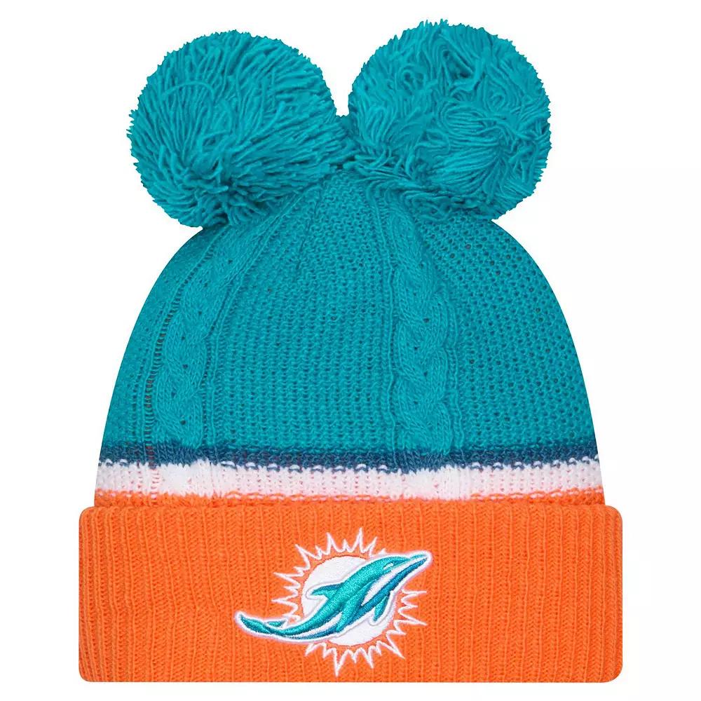 Women's New Era  Aqua Miami Dolphins Double Bubble Cuffed Knit Hat with Poms, Turquoise A Product Image