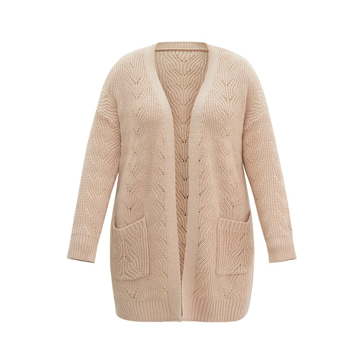 Plus Size Solid Textured Cable Knit Hollow Out Cardigan Champagne Women Casual Loose Long Sleeve Everyday Cardigans BloomChic 30/6X Product Image