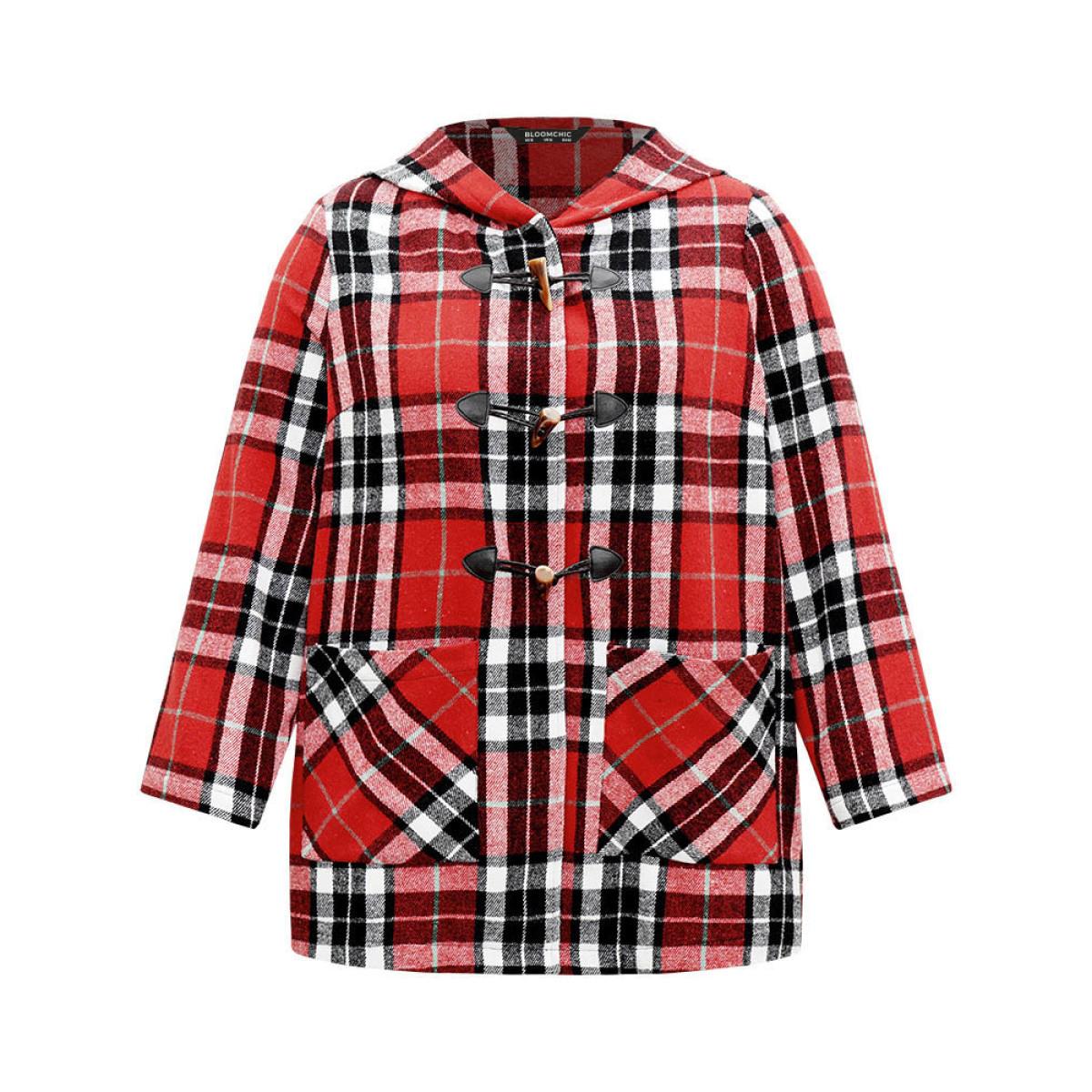 Plus Size Plaid Hooded Pocket Duffle Button Coat Women Crimson Casual Contrast Ladies Dailywear Winter Coats BloomChic 22-24/3X Product Image