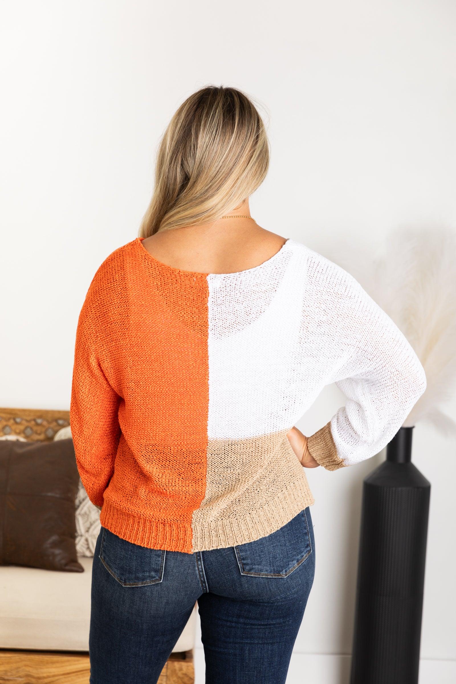 Orange Colorblock V-Neck Loose Knit Sweater Product Image