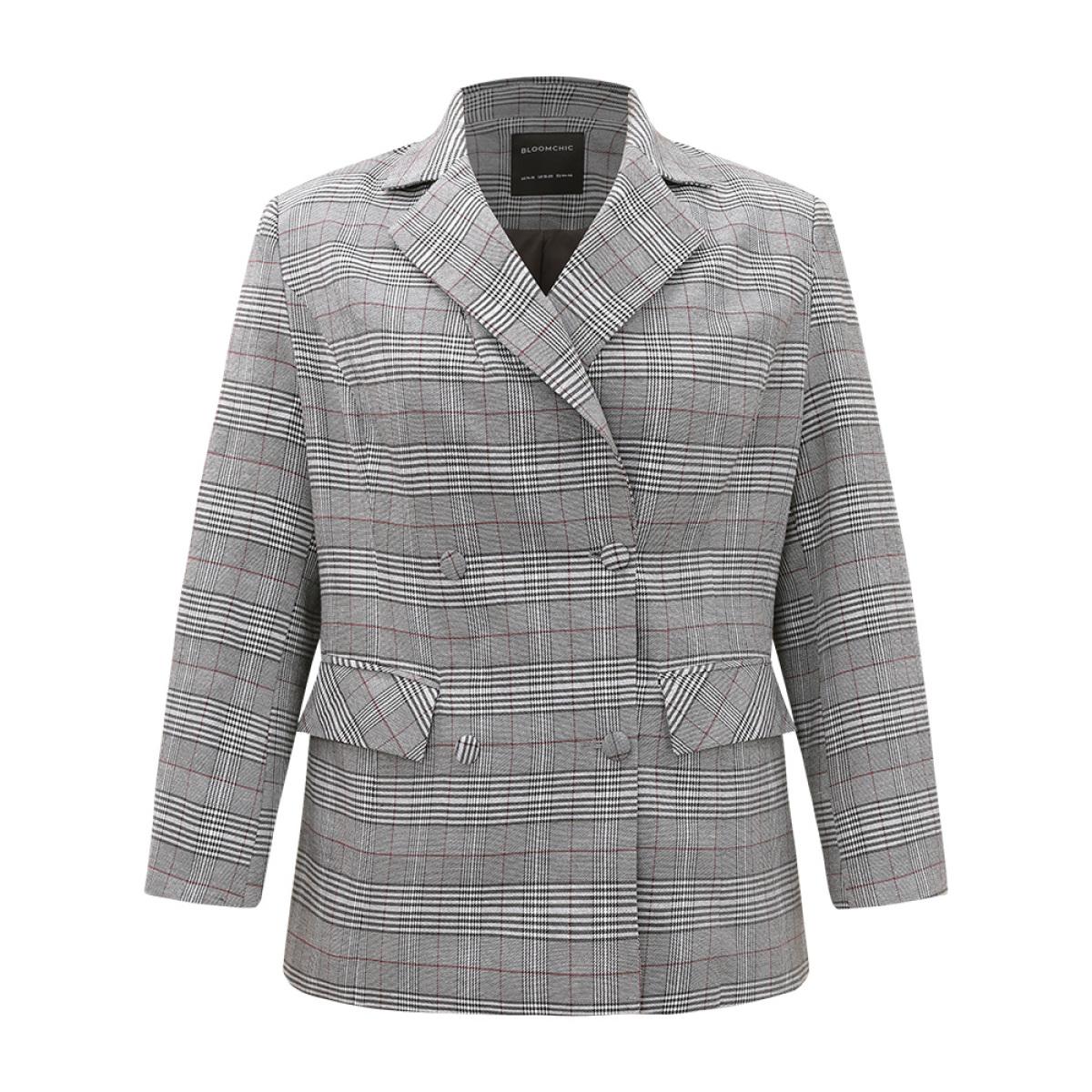 Plus Size Plaid Lapel Collar Pocket Button Up Blazer Gray Women Dailywear Plaid Button Sleeve Long Sleeve Lapel Collar 22-24/3X Pocket Casual Blazers BloomChic Product Image