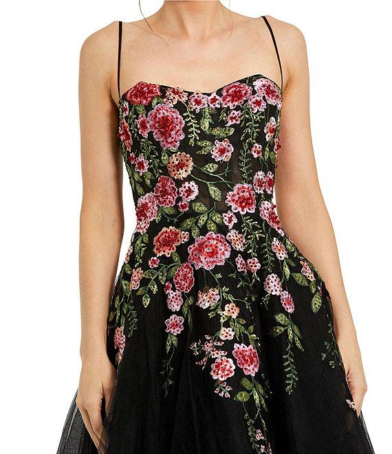 Mac Duggal Embroidered Mesh Floral Sweetheart Neck Sleeveless A-Line Midi Dress Product Image