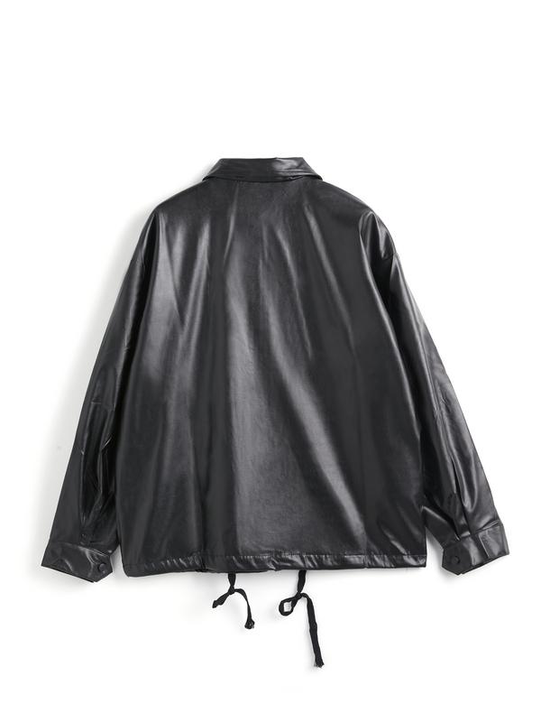 Oversized Black Faux Leather Jacket Product Image