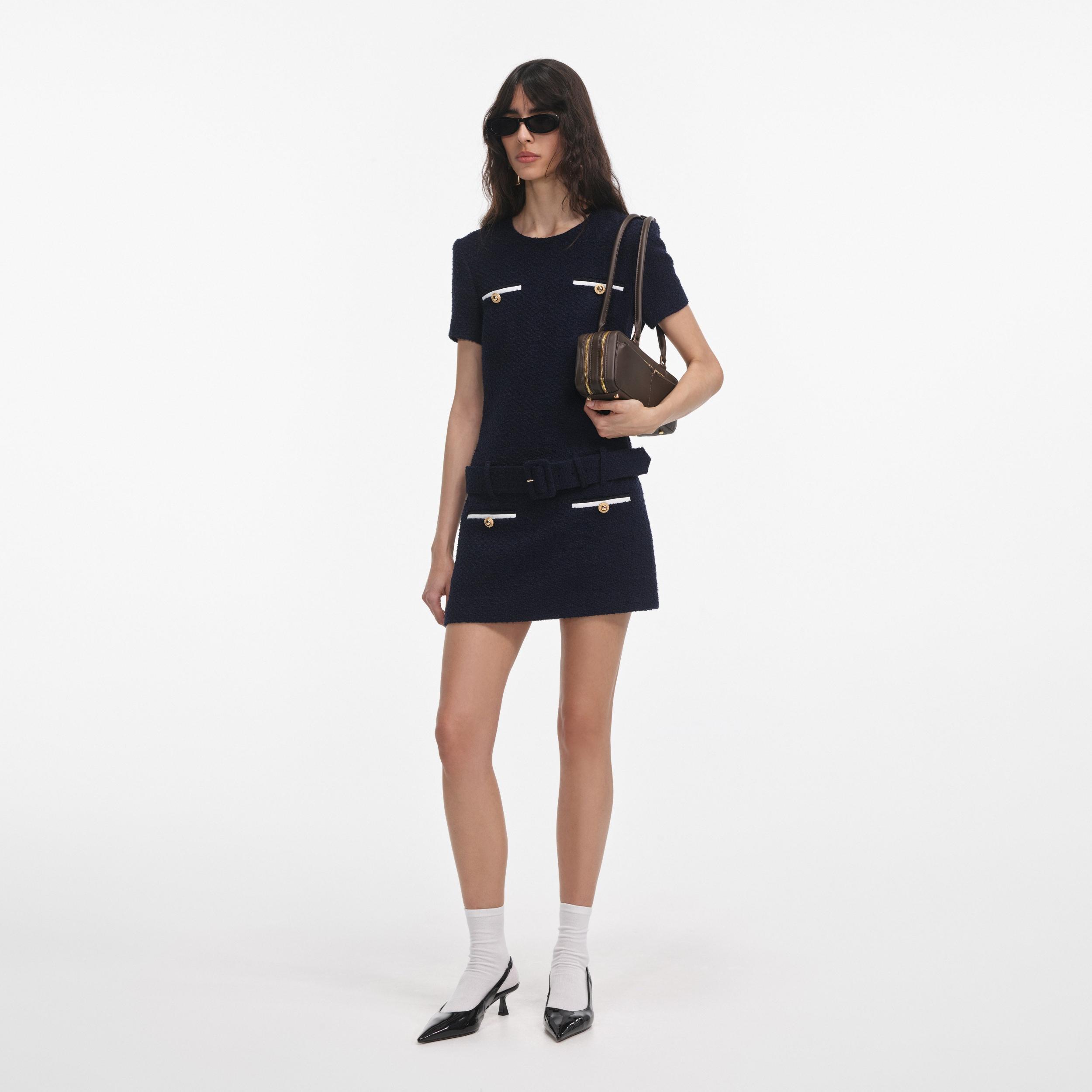 Navy Boucle Mini Dress Product Image