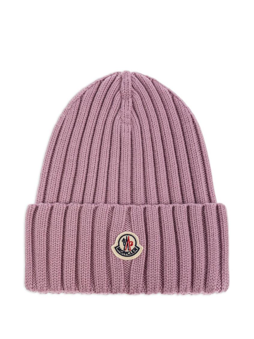 MONCLER Logo Patch Rib Wool Beanie In Purple Product Image