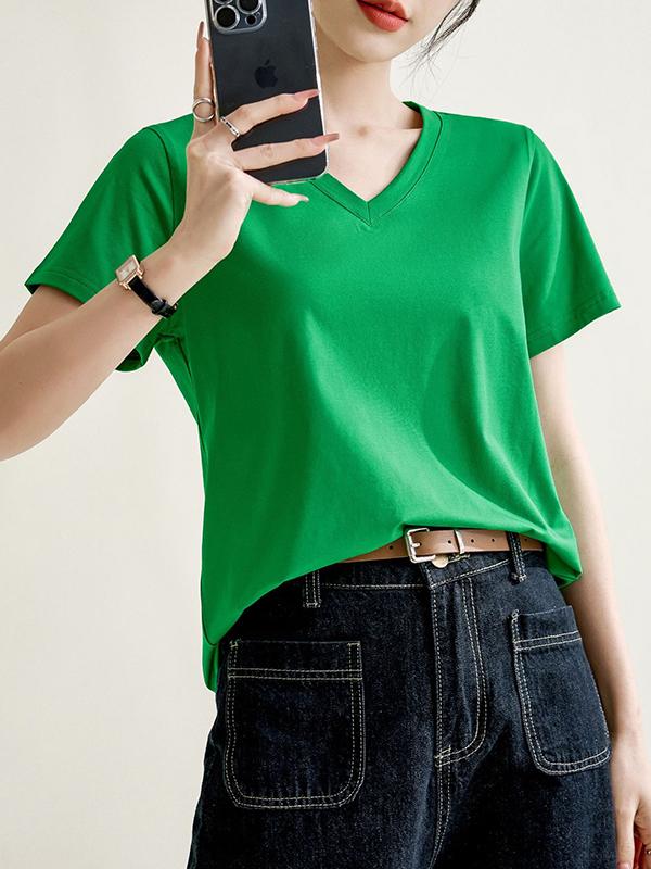 Loose Short Sleeves Solid Color V-Neck T-Shirts Tops Product Image