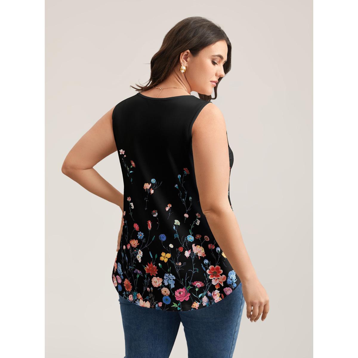 Plus Size Blooming Flowers Print Stretchy Vest Women Black Elegant Non V-neck Everyday Tank Tops Camis BloomChic 28/5X Product Image