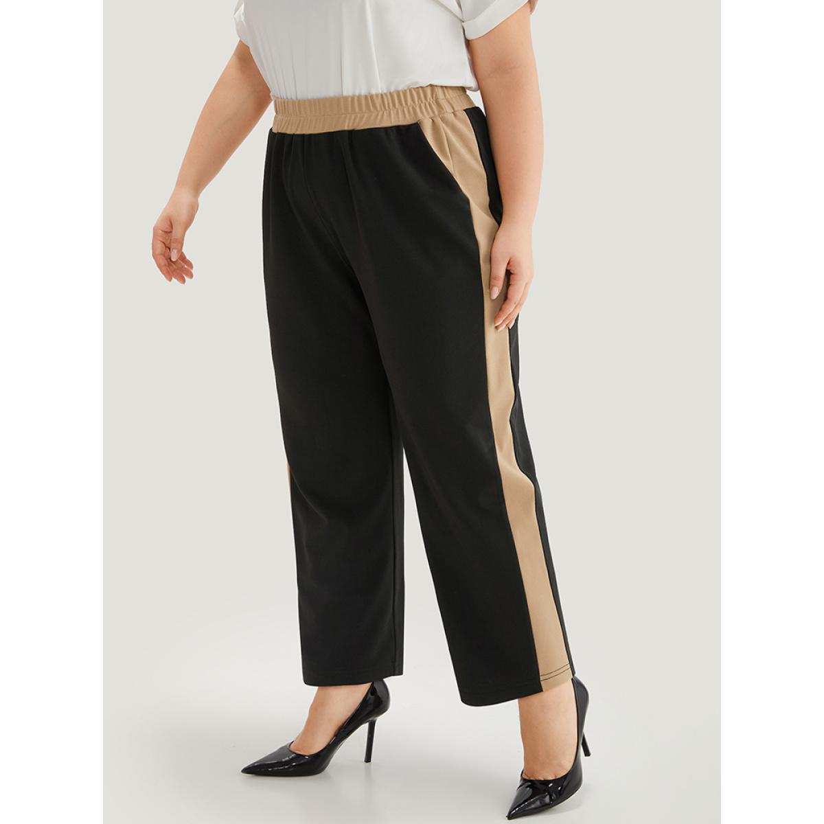 Plus Size Two Tone Elastic Waist Pocket Pants Women Black Office High Rise Office Pants BloomChic 30/6X Product Image