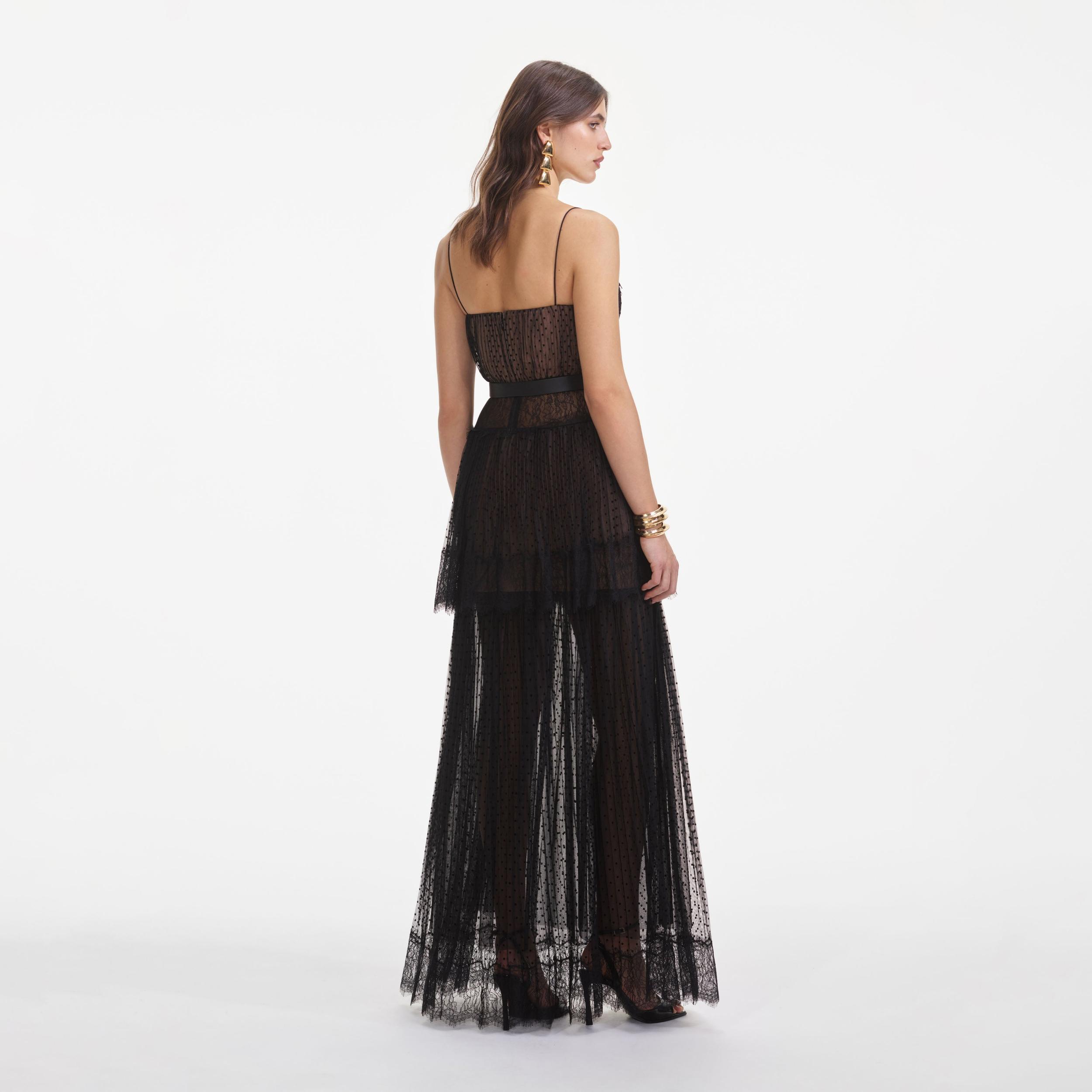 Black Dot Mesh Tiered Maxi Dress Product Image