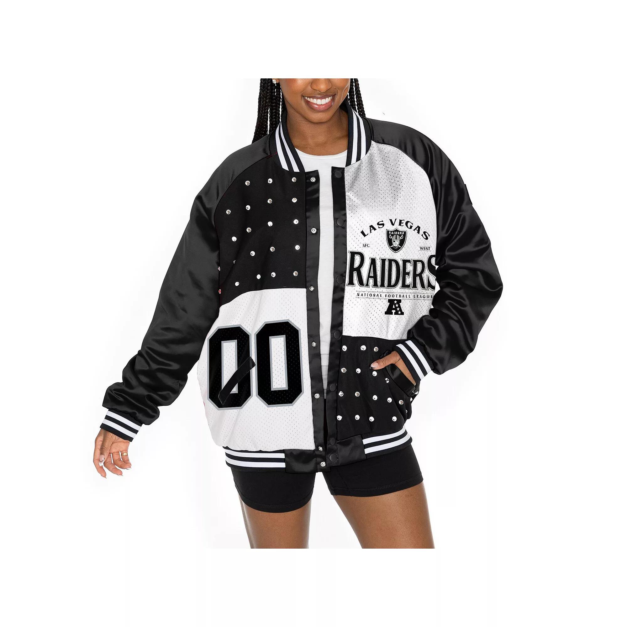 Women's Gameday Couture  Black/White Las Vegas Raiders Oversized Hot Shot Rhinestone Throwback Full-Snap Varsity Bomber Jacket, Size: Large, Lvr Black Product Image