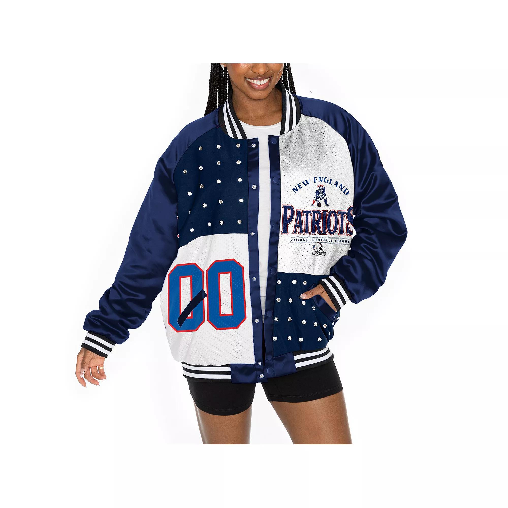 Women's Gameday Couture  Green/White New York Jets Oversized Hot Shot Rhinestone Throwback Full-Snap Varsity Bomber Jacket, Size: Medium Product Image