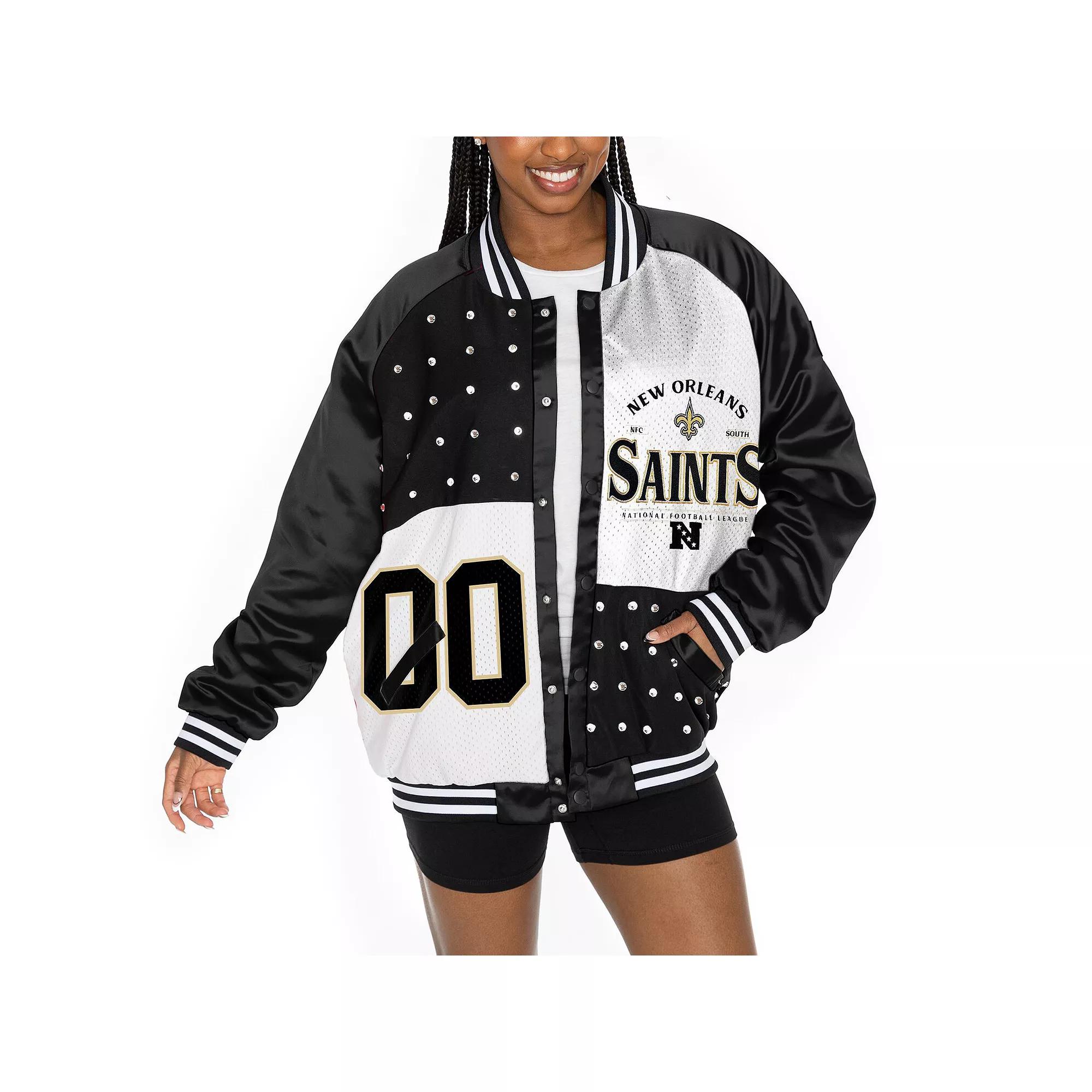 Women's Gameday Couture  Black/White New Orleans Saints Oversized Hot Shot Rhinestone Throwback Full-Snap Varsity Bomber Jacket, Size: XS Product Image