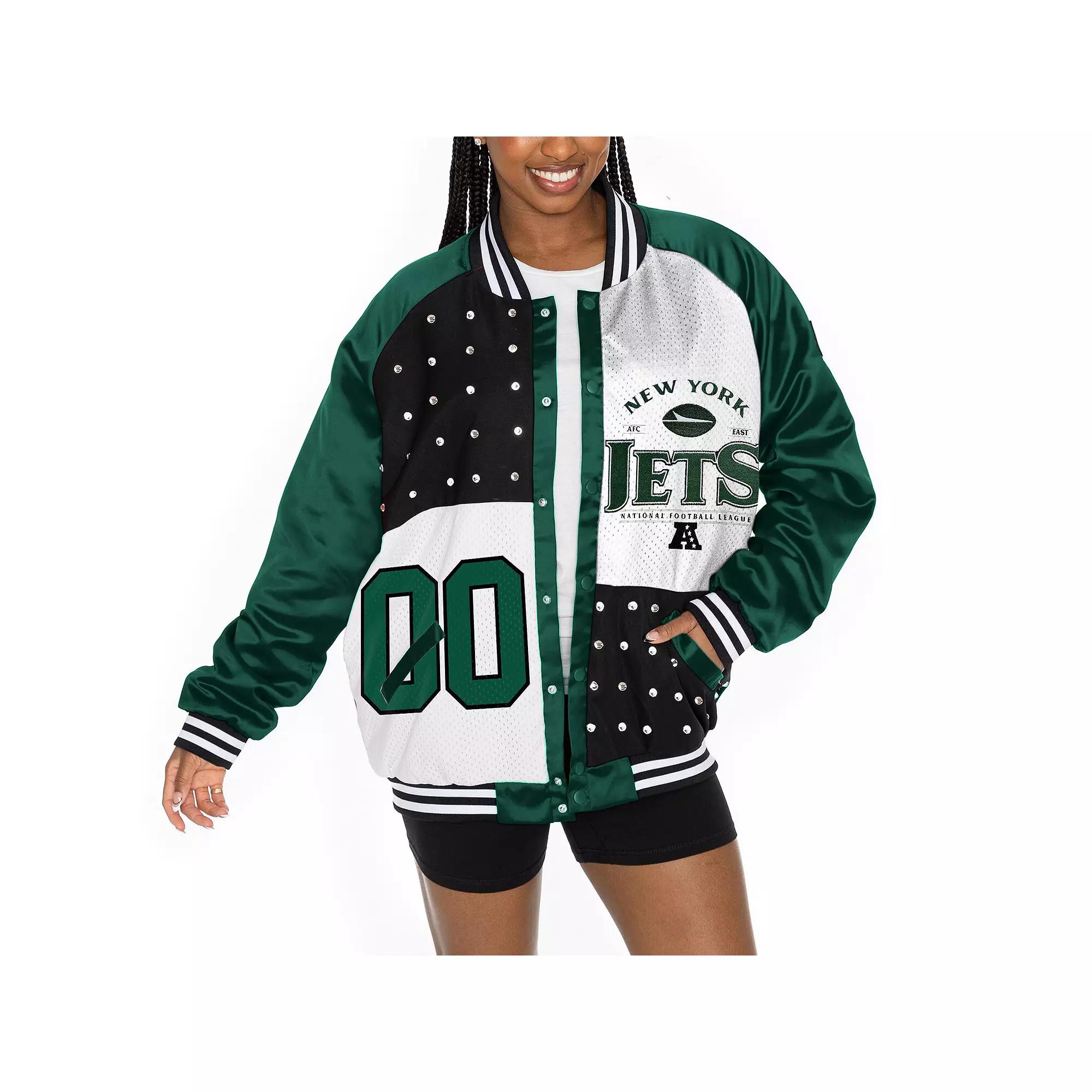 Women's Gameday Couture  Green/White New York Jets Oversized Hot Shot Rhinestone Throwback Full-Snap Varsity Bomber Jacket, Size: Medium Product Image