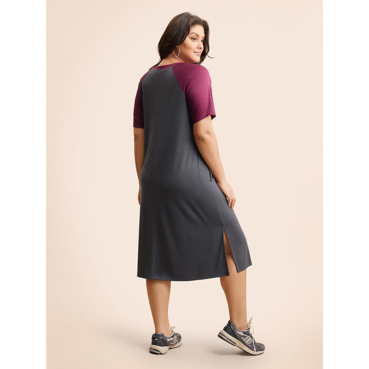 Plus Size Ombre Contrast Patchwork Split Hem Dress DimGray Women Casual Contrast Round Neck Short sleeve Curvy BloomChic 10/M Product Image