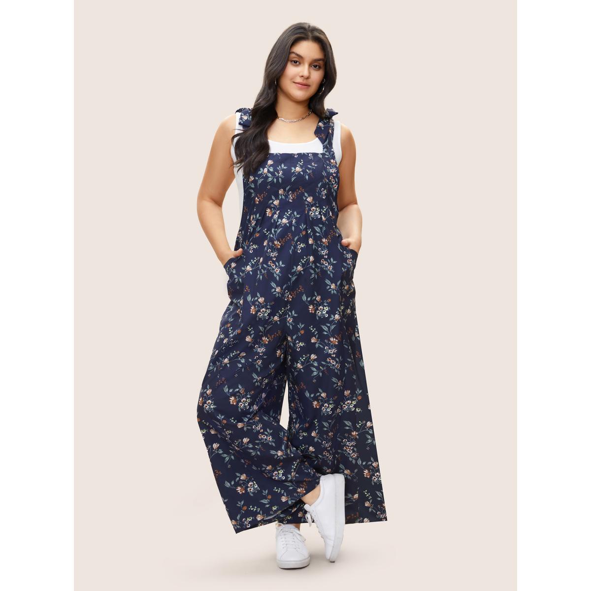 Plus Size Indigo Ditsy Floral Pleated Ties Spaghetti Strap Jumpsuit Women Casual Sleeveless Spaghetti Strap Everyday Loose Jumpsuits BloomChic 28/5X Product Image