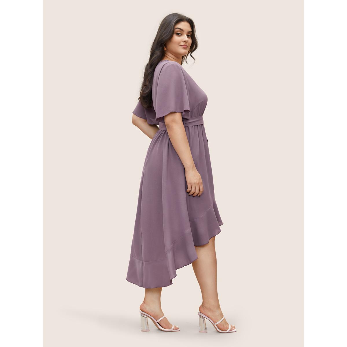 Plus Size Bloom Dress - Solid Tie Surplice Ruffle High Low Dress Plum Women Romantic Cross straps V-neck Short sleeve Curvy Midi Dress BloomChic 10/M Product Image