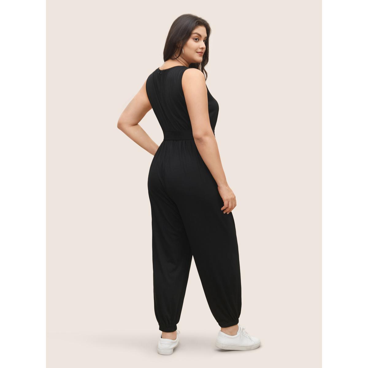 Plus Size Black Supersoft Essentials Plain Button Detail Belted Jumpsuit Women Leisure Sleeveless Non Casual Loose Jumpsuits BloomChic 10/M Product Image