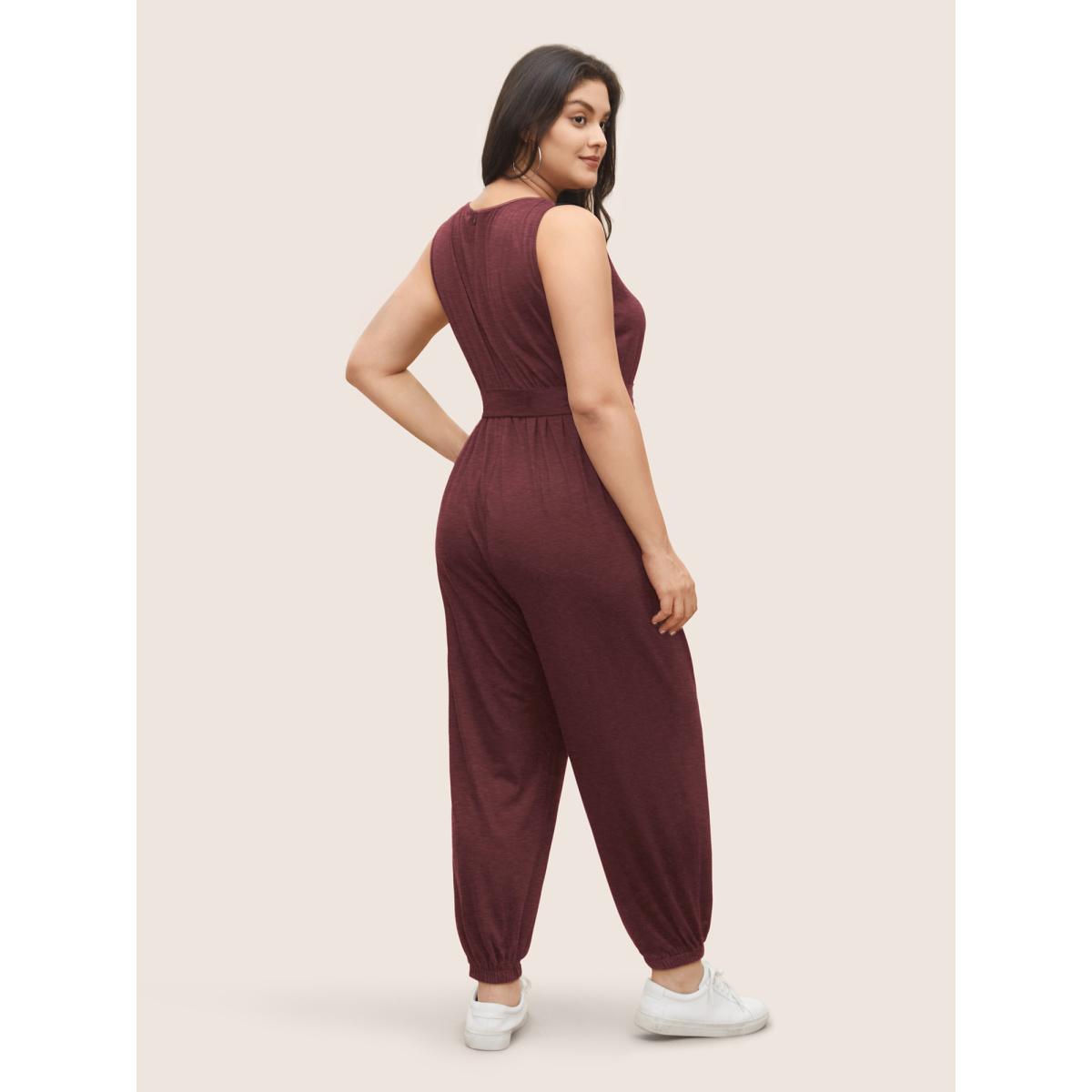 Plus Size Rust Supersoft Essentials Plain Button Detail Belted Jumpsuit Women Leisure Sleeveless Non Casual Loose Jumpsuits BloomChic 22-24/3X Product Image