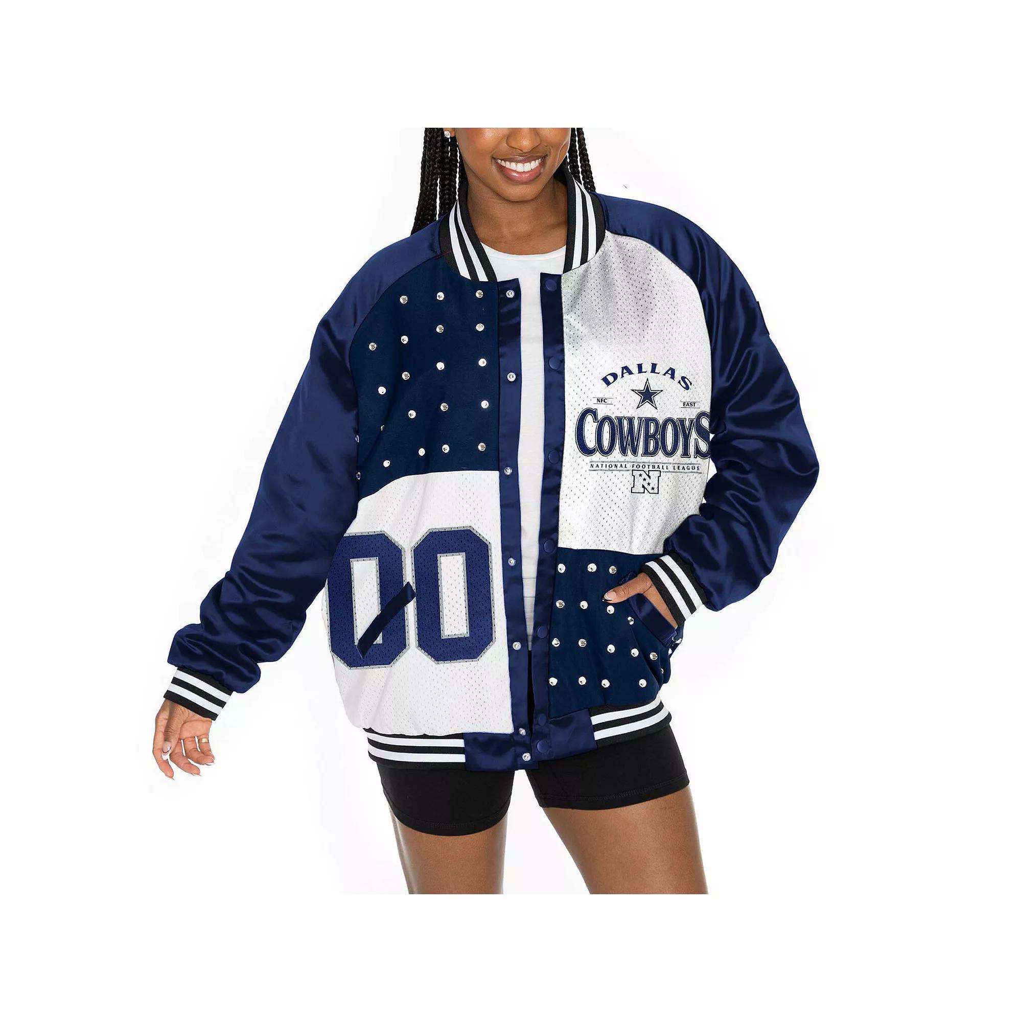 Women's Gameday Couture  Navy/White Dallas Cowboys Oversized Hot Shot Rhinestone Throwback Full-Snap Varsity Bomber Jacket, Size: XS, Blue Product Image