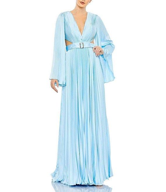 Mac Duggal Pleated V-Neck Long Bell Sleeve Side Cut-Out Gown Product Image