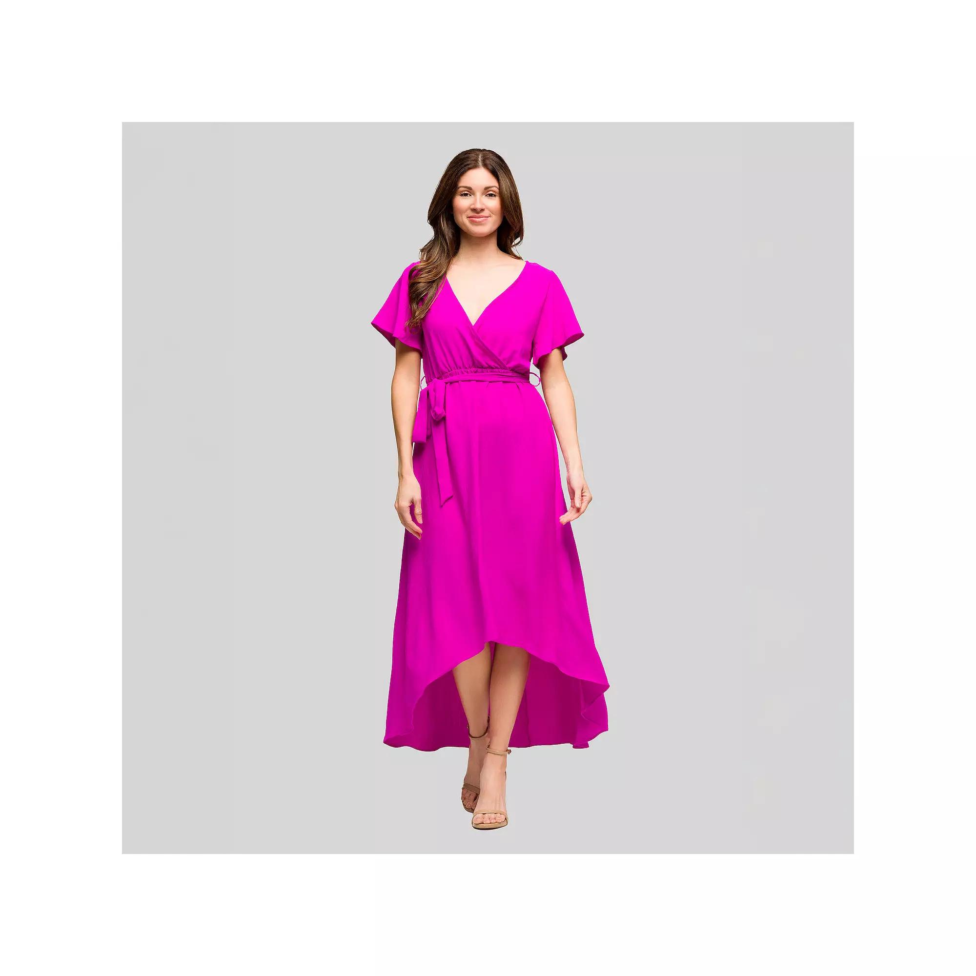 Women's 24Seven Comfort Apparel V-Neck Belted Faux Wrap High-Low Dress,  Product Image