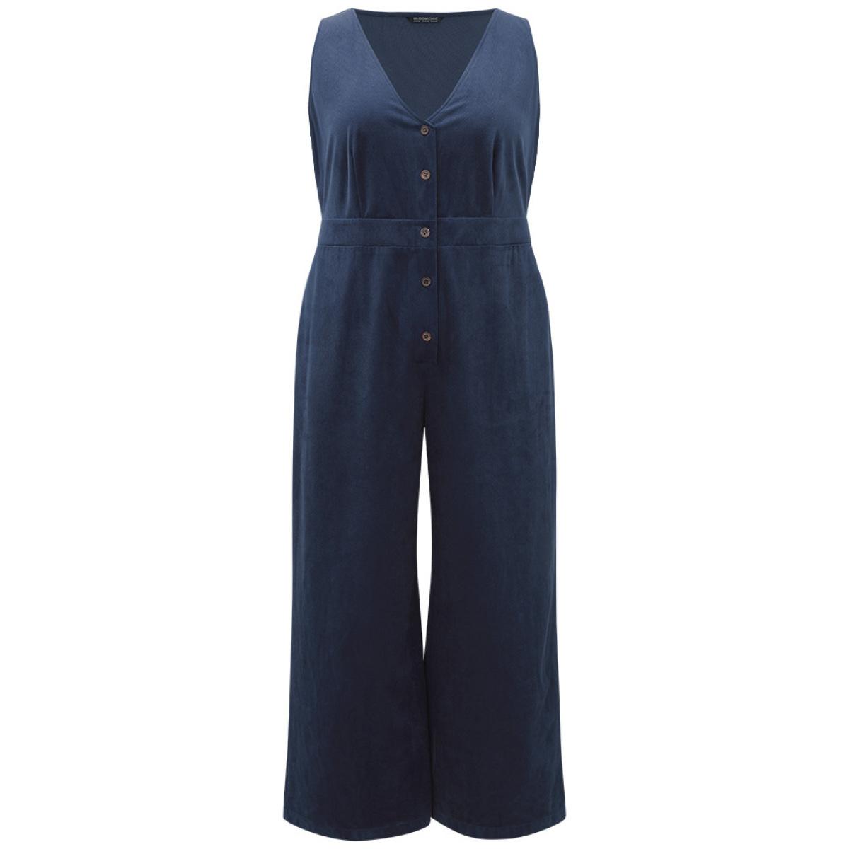 Plus Size DarkBlue Solid Button Through Pocket Tank Jumpsuit Women Elegant Sleeveless V-neck Dailywear Loose Jumpsuits BloomChic 14-16/1X Product Image