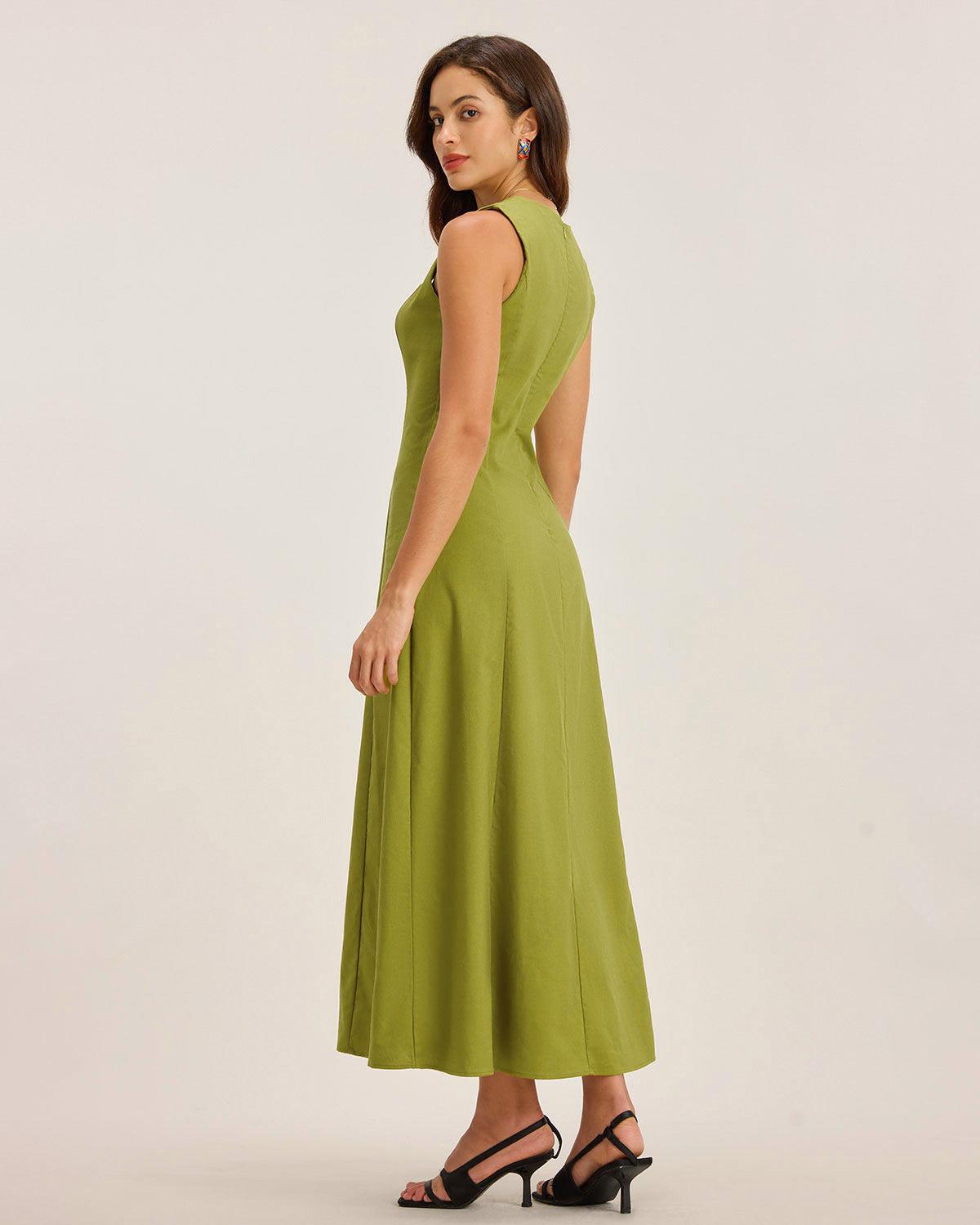 Green Square Neck Button Sleeveless Midi Dress Product Image