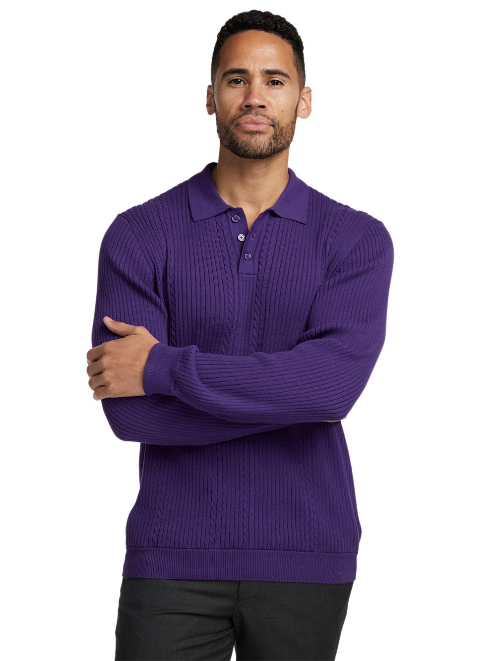 Cotton Three Button Polo - Purple Product Image