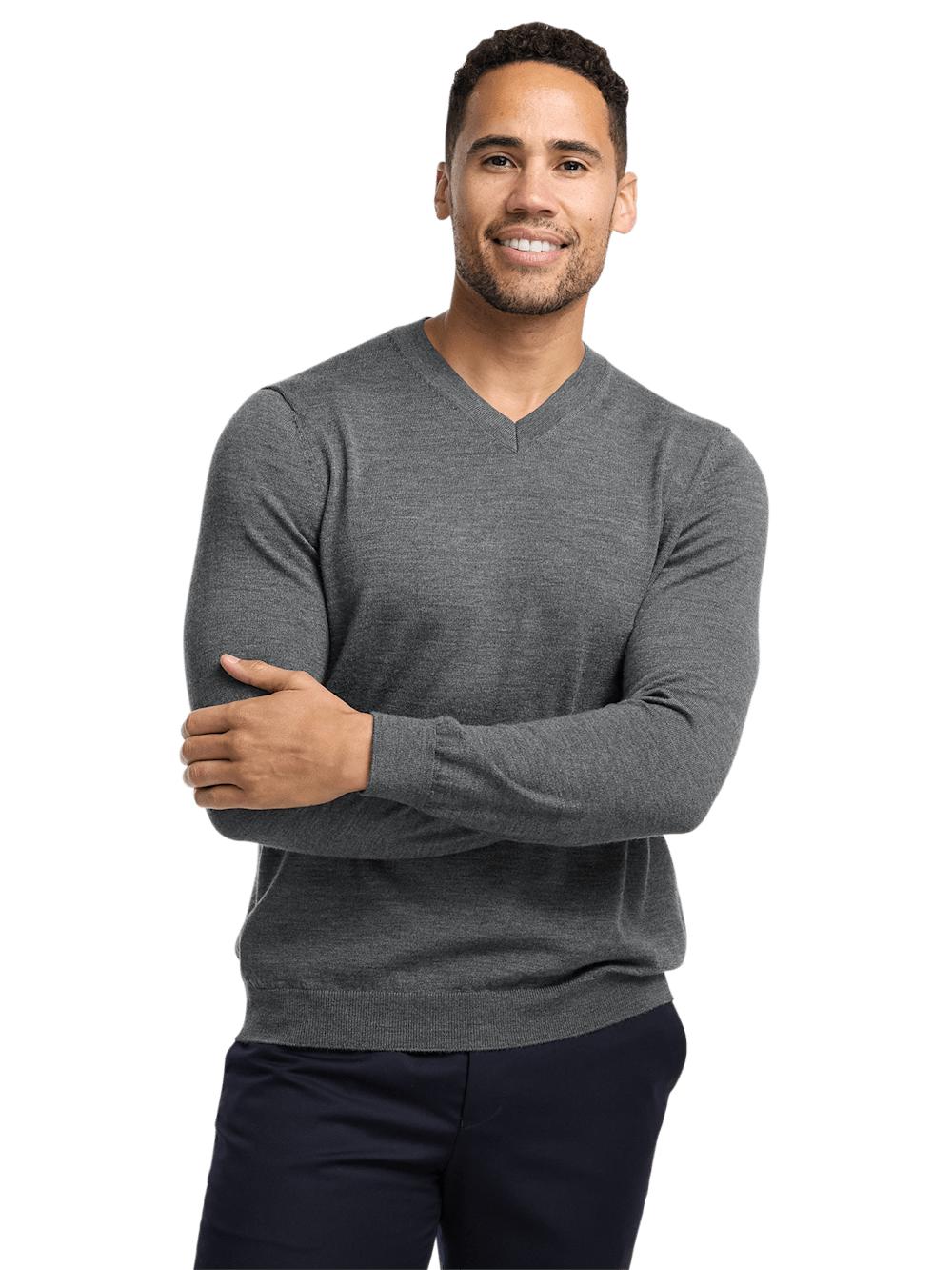 Merino Wool V-neck Sweater - Grey Product Image