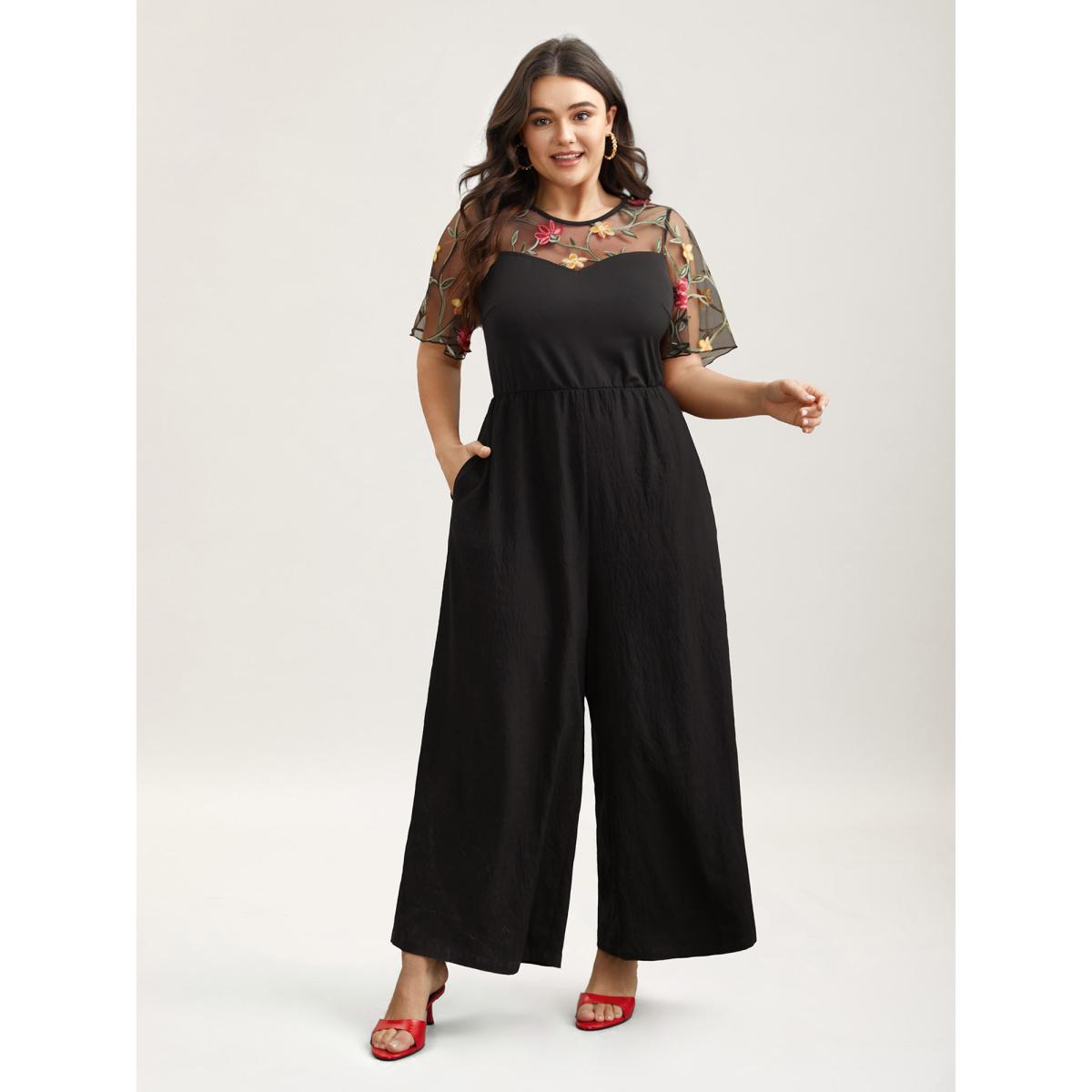 Plus Size Black Floral Mesh Embroidered Flared Jumpsuit Women Elegant Short sleeve Round Neck Everyday-Elegant Loose Jumpsuits BloomChic 10/M Product Image