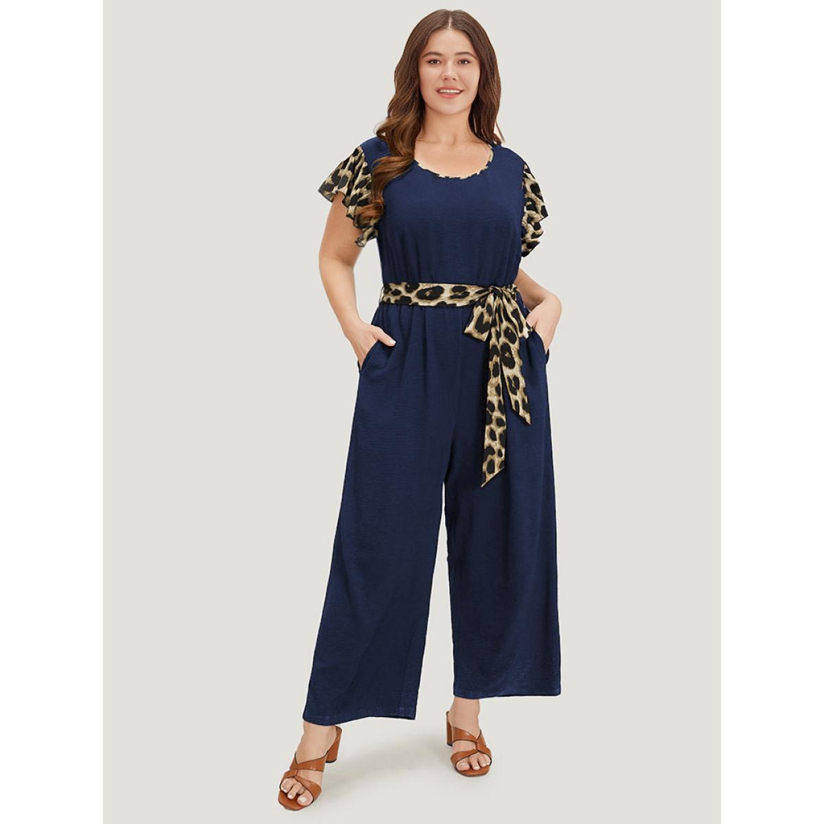 Plus Size DarkBlue Leopard Patchwork Pocket Belted Ruffle Sleeve Jumpsuit Women Office Sleeveless Round Neck Office Loose Jumpsuits BloomChic 30/6X Product Image