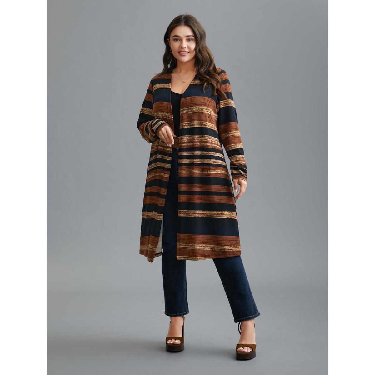 Plus Size Multi-Color Striped Open-Front Long Jacket Women Multicolor Contrast Loose Everyday Jackets BloomChic 10/M Product Image