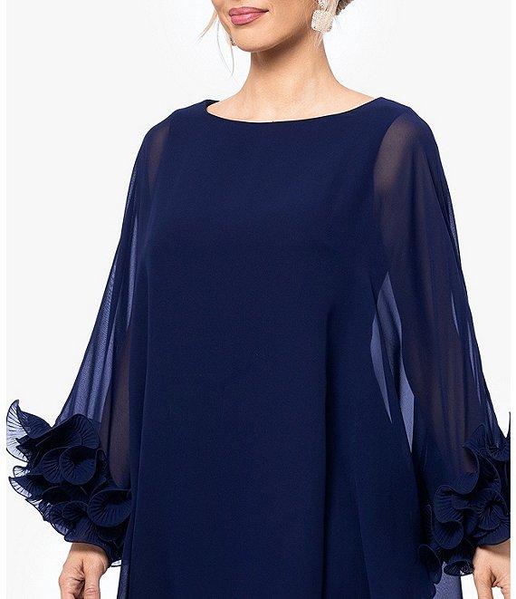 Xscape Boat Neck Sheer Long Cape Sleeve Wire Ruffle Trim Mini Dress Product Image