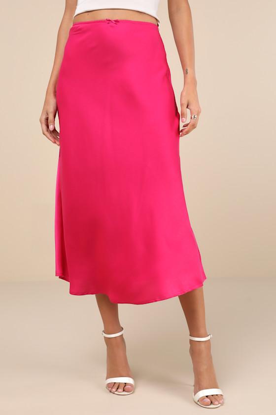 Sleek Proposition Fuchsia Satin Bow Midi Skirt Product Image
